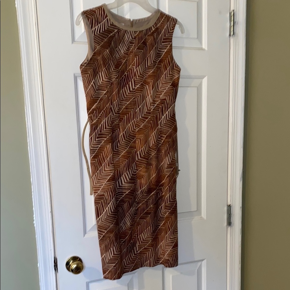 Brown Tan Sheath Midi Dress Sleeveless Crew Neck